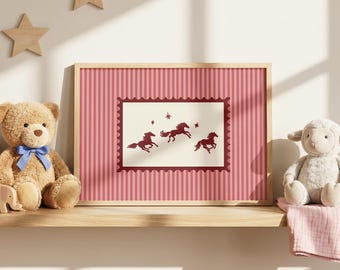 Horse Nursery Wall Art Print, Pink Striped Baby Room Decor, Western Kids Room Wall Art, Cowgirl Nursery Print, Running Horse Poster