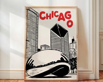Retro Chicago Art Print, The Bean Poster, Skyline Travel Art, Modern City Poster, Mid Century Home Wall Art, Minimalist Cityscape Decor