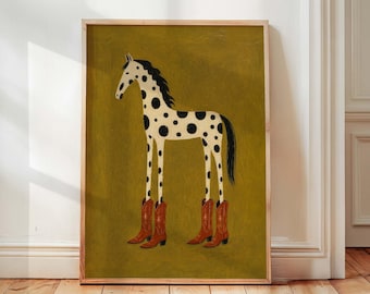 Whimsical Spotted Horse Wearing Cowboy Boots Poster - Western Nursery Decor, Abstract  Cowgirl Room Print