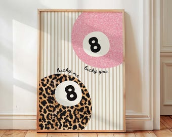 Leopard Print And Pink Glitter Lucky 8 Ball Wall Art Print, Retro Eclectic Aesthetic, Feminine Home Decor, Striped Y2K Wall Art