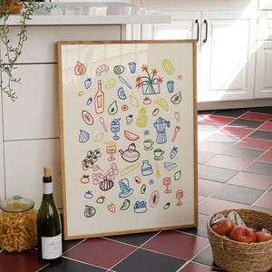 Impressão de mesa de café da manhã retrô, pôster com ilustrações de comidas e bebidas, arte de parede de galeria de cozinha maximalista, decoração de apartamento fofa e moderna