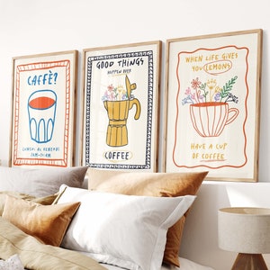 Set of 3 Poster, Trendy Coffee Print Set, Retro Caffe Poster, Espresso Coffee Bar Wall Art, Maximalist Kitchen Print, Hand Drawn Art