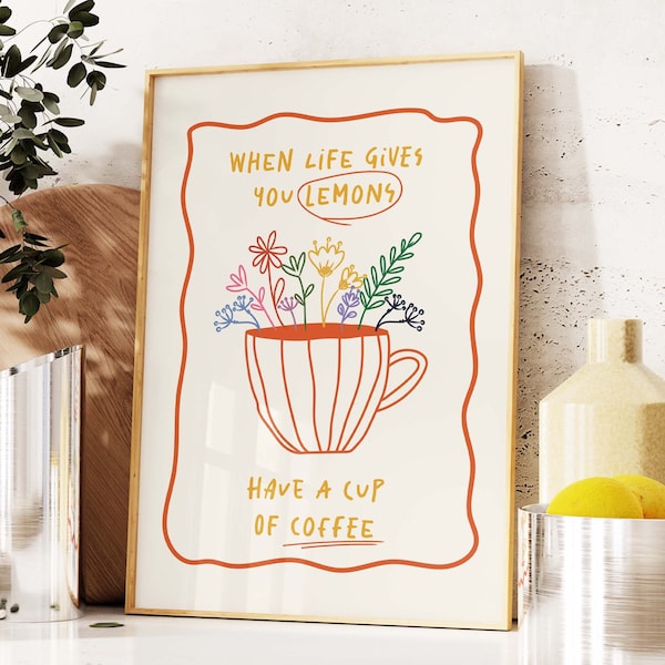 Retro Coffee Print, Coffee Bar Wall Art, Maximalist Kitchen Print, Vintage Coffee Wall Art, Cute Orange Flower Mug Print, More Espresso