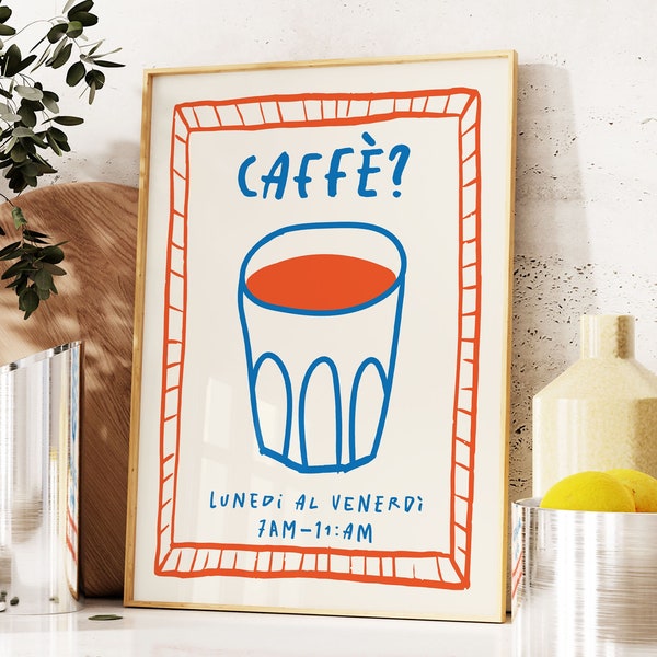 Retro Caffe Poster, Italian Coffee Print, Scandi Mug Art Poster, Modern Kitchen Maximalist Wall Art, Kitchen Decor, Coffee Bar Decor