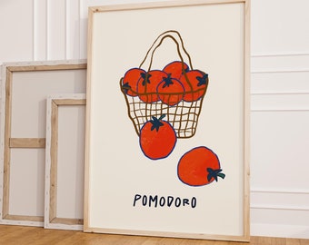 Trendy poster tomaat in mandje, retro pomodoroprint, handgetekende groenteillustratie, moderne keukenkunst aan de muur, esthetisch appartementdecor