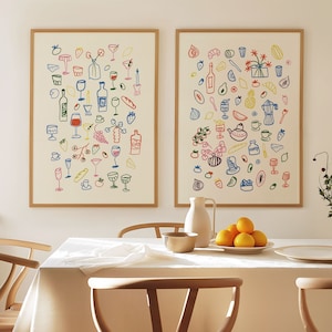 Juego de 2 carteles, impresión de mesa de comedor retro, carteles con ilustraciones de comida y bebida, impresiones de cocina maximalistas de moda, decoración divertida de apartamentos