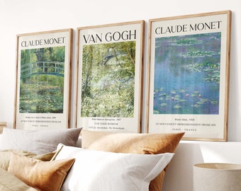 Van Gogh, Claude Monet Set of 3 Poster, Museum Exhibition Gallery Wall, Modern Home Decor, Water Lilies Landscape Art Print Collection