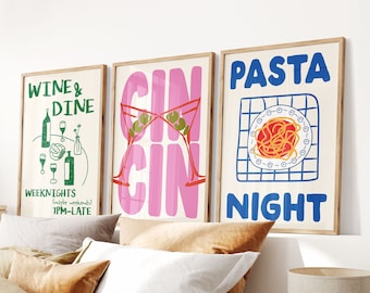 Set of 3 Print, Trendy Cin Cin Cheers Print, Retro Wine Poster, Pasta Night Food Print, Bar Cart Art Print, Maximalist Kitchen Print Art Set