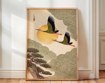 Japanese Cranes in Swirling Clouds, Woodblock Style Poster, Japandi Aesthetic Wall Art, Zen Home Decor, Unframed