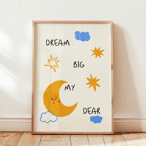 Dream Big Print, Nursery Print, Child Room Decor, Illustration Wall Art, Boho Nursery, Kids Room, Playroom, Bedroom Art, Moon and Stars