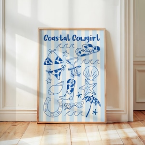 Stampa Cowgirl Costiera, Arte Murale Conchiglie da Spiaggia, Poster Oceano, Arredamento Trendy, Estetica Ragazza Cocco, Stampa Surf Estate, Righe Preppy