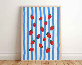 Strawberries Fruit Print, Modern Kitchen Wall Art, Fruit Market Illustration, Summer Vibes Poster, Home Decor, Striped Dining Room Decor