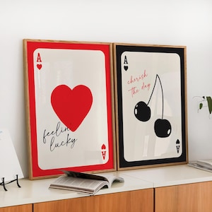 Set di 2 stampe, stampa Asso di Cuori, Sentirsi Fortunati, Apprezzare il Giorno, Arredamento Moderno per la Casa, Arte Murale Estetica, Set di Poster di Carte da Gioco Retrò