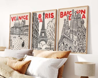 Set of 3 Trendy Prints, Venice, Barcelona, Paris Travel Posters, Aesthetic Home Wall Art, Charming Cityscape Artworks, European Cities Print