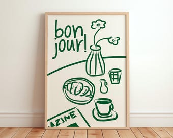 Bojour Poster, French Breakfast Art Print, French Coffee Poster, Croissant Breakfast Print, Retro Food Art Print, Kitchen Gallery Wall Art