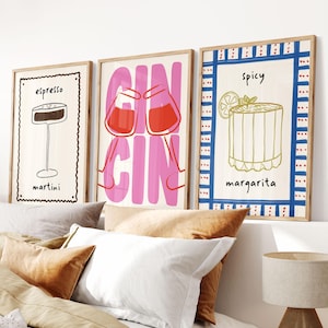 Zestaw 3 plakatów, modny wydruk Cin Cin Cheers, plakat retro z winem, plakaty koktajlowe, wydruk artystyczny wózka barowego, maksymalistyczna modna sztuka ścienna do kuchni