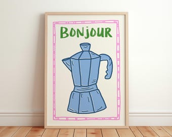 Bonjour Poster, Trendy Kitchen Wall Art, Moka Pot Illustration, Morning Breakfast Print, Hand Drawn Art, Aesthetic Apartment Decor