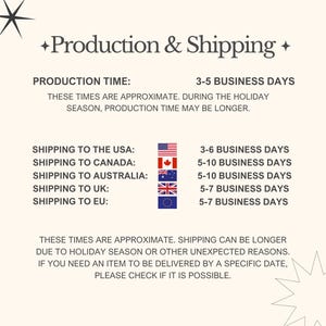 May include: A cream-colored graphic with the text "Production & Shipping." It lists production time as 3-5 business days. Shipping times to the USA, Canada, Australia, UK, and EU are also listed, along with a disclaimer about potential delays.