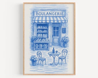 Lámina de panadería francesa azul, decoración rústica, arte mural de cocina, arte de castillo francés, arte milenario, póster de mercado europeo