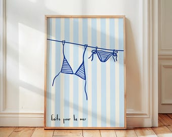 Nadruk w paski z bikini, nadmorskie letnie dekoracje ścienne, modny wystrój domu, elegancka, plażowa dekoracja ścienna, bikini na sznurku do bielizny, plakat z motywem niekończącego się lata