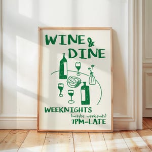 Wine & Dine Club Retro food-print, vintage wijnprint, moderne print uit het midden van de eeuw, keuken wanddecoratie, drankjes print