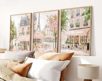 Paris Wall Art Set of 3, French Cafe Prints, Eiffel Tower Poster, European Travel Decor,  Aesthetic Home Wall Art, Cityscape Artworks