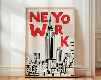 Retro New York Art Print, Empire State Poster, Skyline Travel Art, NYC Minimalist Poster, Mid Century Home Wall Art, Cityscape Decor