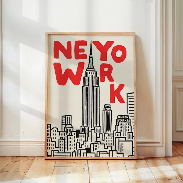 Retro New York Art Print, Empire State Poster, Skyline Travel Art, NYC Minimalist Poster, Mid Century Home Wall Art, Cityscape Decor