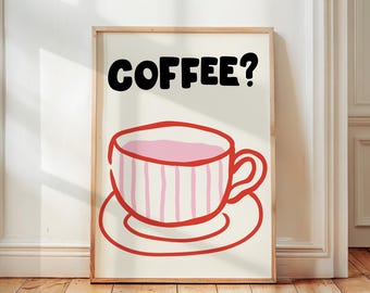 Coffee Mug Art Print, Trendy Kitchen Wall Art, Modern Cafe Print, Aesthetic Apartment Decor, Coffee Lover Gift, Funky Gallery Wall Decor