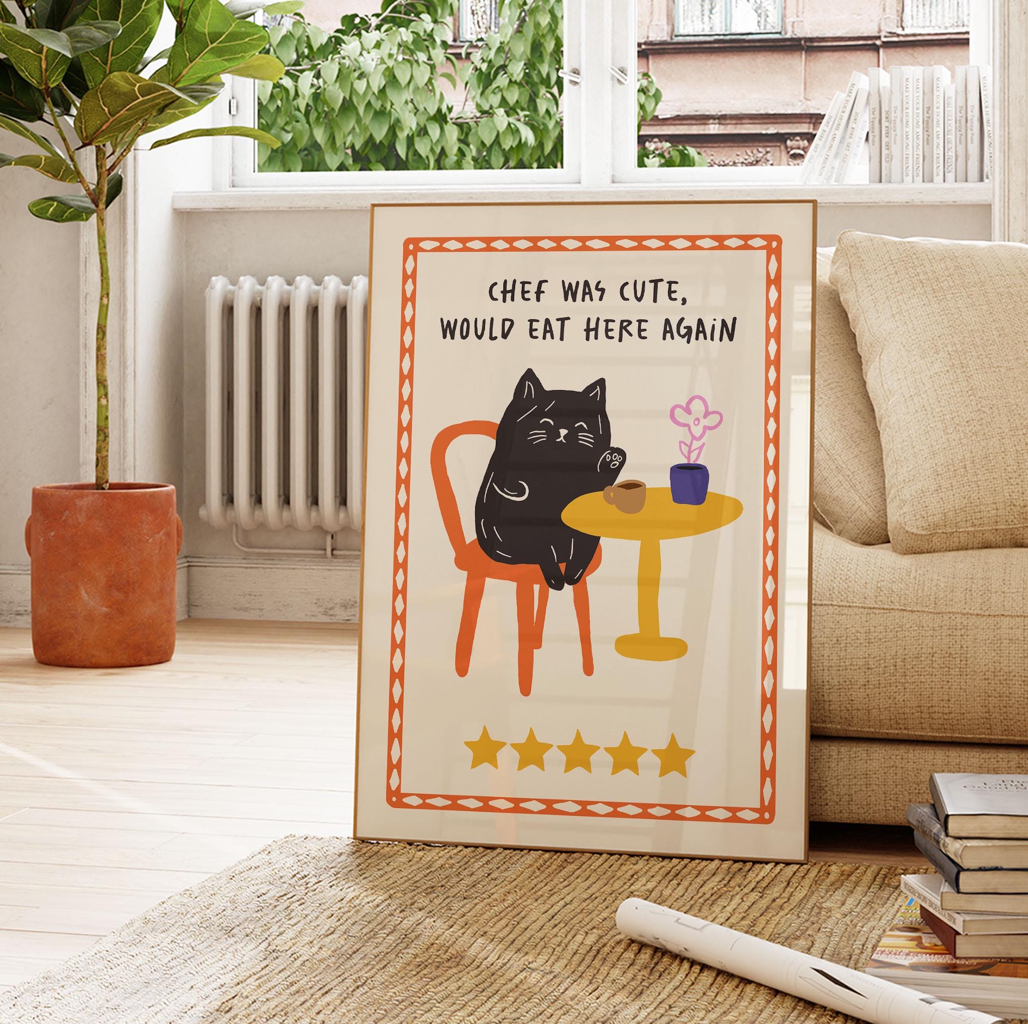 black cat chef art print: boho kitchen cooking poster... Black Cat Art Print, Funny Kitchen Decor, Chef Was Cute Poster, Cute ...