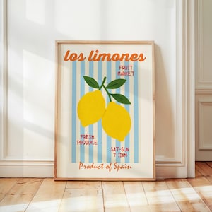 Citroenen Art Print, retro moderne keuken muurkunst, Los Limones Spaanse print, illustratie fruitmarkt, trendy interieur, kleurrijke kunstafdruk