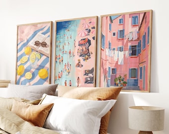 Italian Summer Pink  Set of 3 Prints, Mediterranean Coastal Decor, European Aesthetic Home Wall Art, Physical