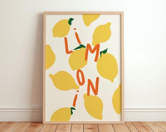 Limoni Poster, Retro Lemons Wall Art Print, Trendy Kitchen Decor, Fruit Market Poster, Food Illustration, Food Art Print, Dining Room Decor