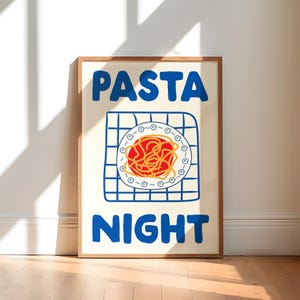 Poster Pasta Night, stampa di cibo italiano retrò, arte degli spaghetti, stampa di cucina massimalista alla moda, poster per gli amanti della pasta, stampa moderna di metà secolo