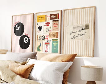 Trendy Wall Art Set of 3 – Lucky 8 Ball Print, Retro Matchbook Art, How Lucky Are We Postcard Poster, Eclectic Gallery Wall, Dopamine Decor