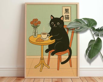 Chat noir japonais et croissant, impression de cuisine drôle, art mural chat, art Japandi, affiche relaxante, décoration tendance, affiche chat vintage