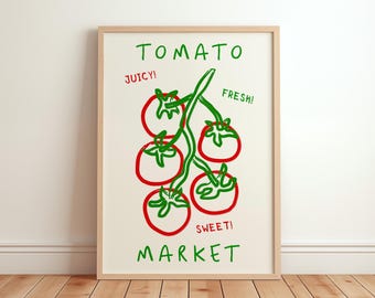 Poster tomaat markt, retro boerderij keuken kunst aan de muur, Pomodoro wijnstok kunst illustratie, esthetische eetkamer decor, Italiaanse groente print