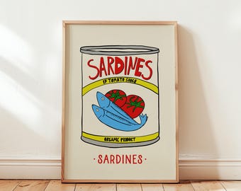 Poster di sardine in scatola, arte culinaria di pesce disegnata a mano in stile vintage, arte murale per cucina in stile retrò, regalo per buongustai, decorazione di frutti di mare mediterranei