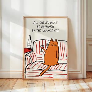 Grappige kattenposter, decor barwagen, kattenposter, wijnafdruk, retro keukendecor, modern decor halverwege de eeuw, trendy muurkunst, eetkamerafdruk