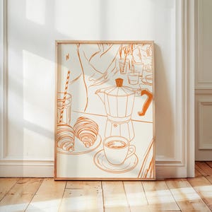 Coffee And Croissant Poster, French Breakfast Art Scene, Parisian Kitchen Wall Art, Coffee Bar Decor, Mid Century Modern Print, Home Decor