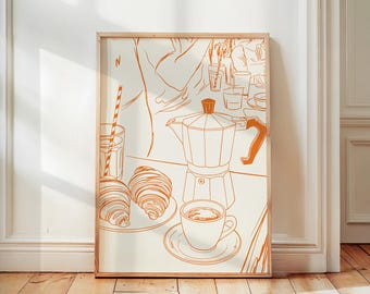 Coffee And Croissant Poster, French Breakfast Art Scene, Parisian Kitchen Wall Art, Coffee Bar Decor, Mid Century Modern Print, Home Decor