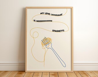 Spaghetti Poster, Retro Italian Food Print, Pasta Art, Trendy Kitchen Wall Art, Pasta Lover Poster, Dining Room Decor, Hand Drawn Art