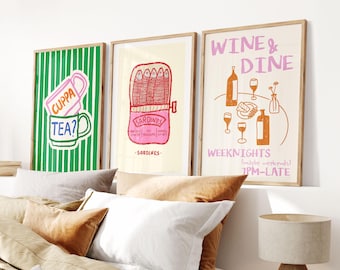 Set of 3 Prints, Trendy Kitchen Wall Art, Colorful Home Gallery Decor, Cuppa Tea, Sardines, Wine & Dine Art Prints, Eclectic Food Posters