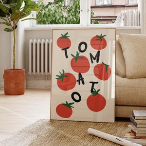 May include: A white poster with the word "TOMATO" spelled out in black letters with red tomatoes surrounding the letters. The tomatoes are drawn in a simple, cartoon style.