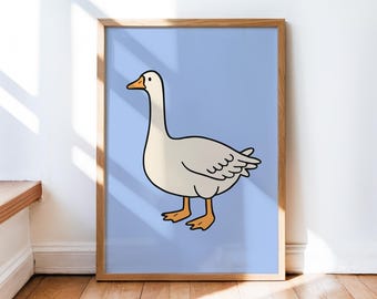 Nursery Goose Print, Duck Illustration, Nursery Art, Boho Playroom Child Art, Quirky Retro Cottage Core Decor, Blue Kids Room Artwork