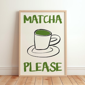 Matcha please poster, trendy keuken muurkunst, koffiebar decor, retro drankje kunst, café poster, matcha latte print, handgetekende poster