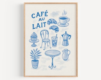 Cafe Au Lait Print, Retro Coffee Print, French Breakfast Poster, Cottage Core Decor, Kitchen Wall Art, Coffee Bar Decor, Aesthetic Home Art