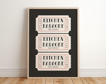 Kitchen Karaoke Poster, Retro Ticket Print Sign, Trendy Aesthetic Apartment Decor, Maximalist Kitchen Wall Art, Fun Dining Room Decor