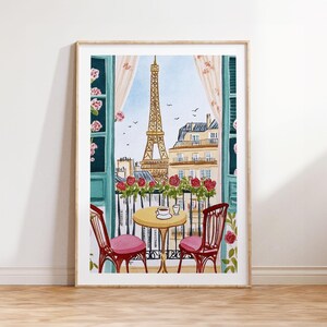 May include: Watercolor painting of a Parisian balcony scene with the Eiffel Tower in the background. The artwork features a small table with two chairs, a cup of coffee, and a view of the city. Red roses adorn the balcony.