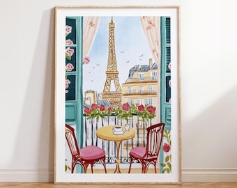 Parisian Balcony Eiffel Tower Art, Romantic French View Print, Paris Cityscape Wall Decor, Travel Lover Gift, Cozy Cafe Art, Travel Dreamer
